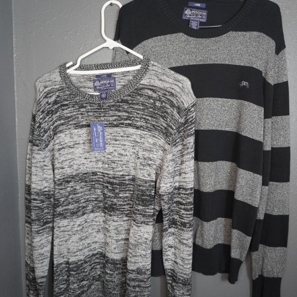 American Rag Mens Striped Grey And Black Thick Bundle (2) Sweaters Size Large